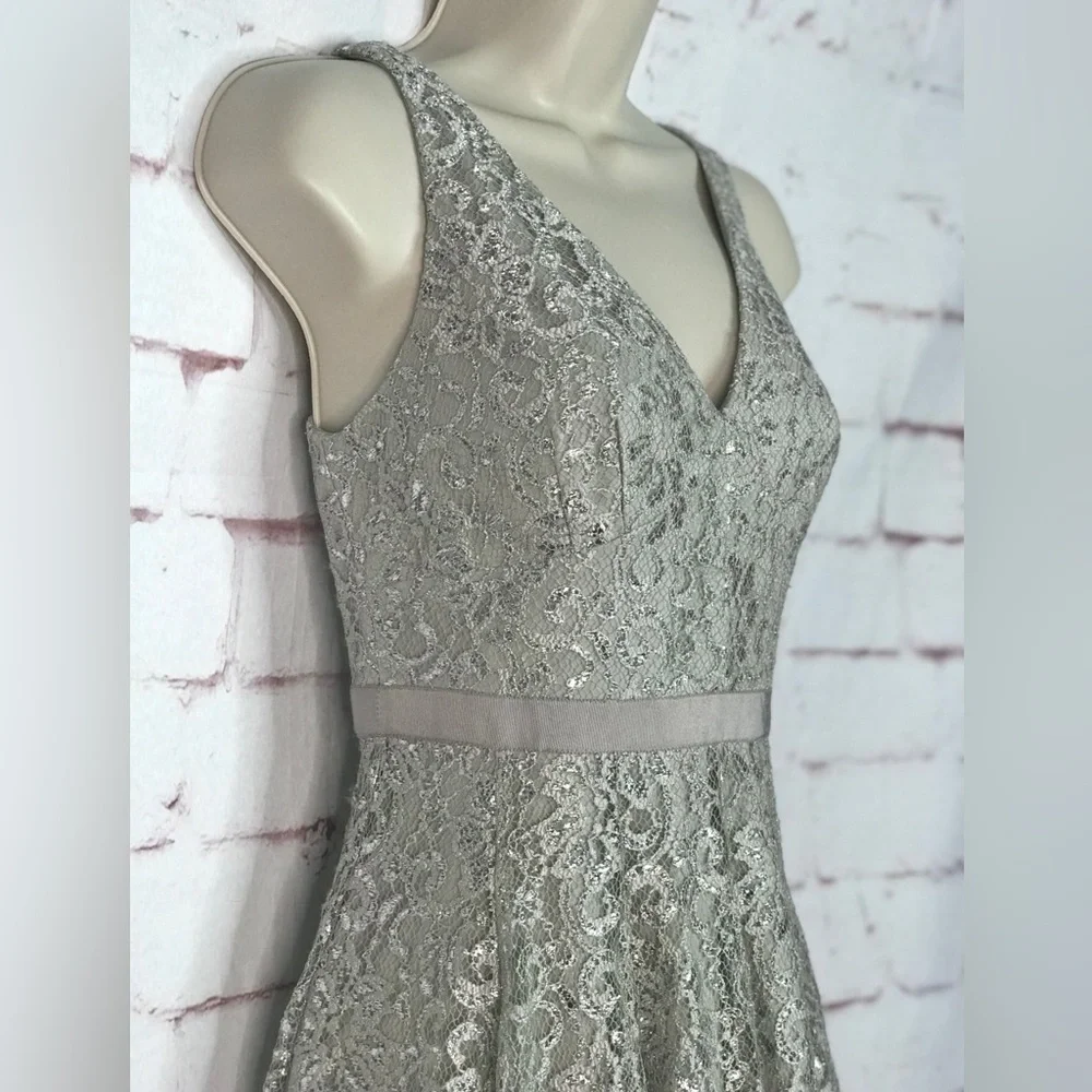 ADRIANNA PAPELL Silver Lace Overlay Fit & Flare Minidress Size 4 PETITE - Picture 5 of 16